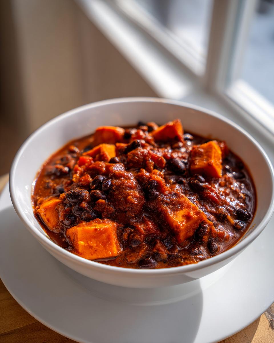 A close-up of a white bowl filled with rich, dark Slow Cooker Sweet Potato Black Bean Chili, featuring chunks of orange sweet potato and black beans.