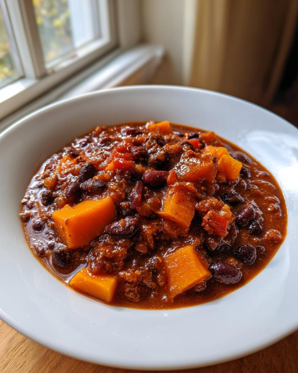 A close-up of a white bowl filled with rich, dark Slow Cooker Sweet Potato Black Bean Chili featuring visible chunks of orange sweet potato and black beans.
