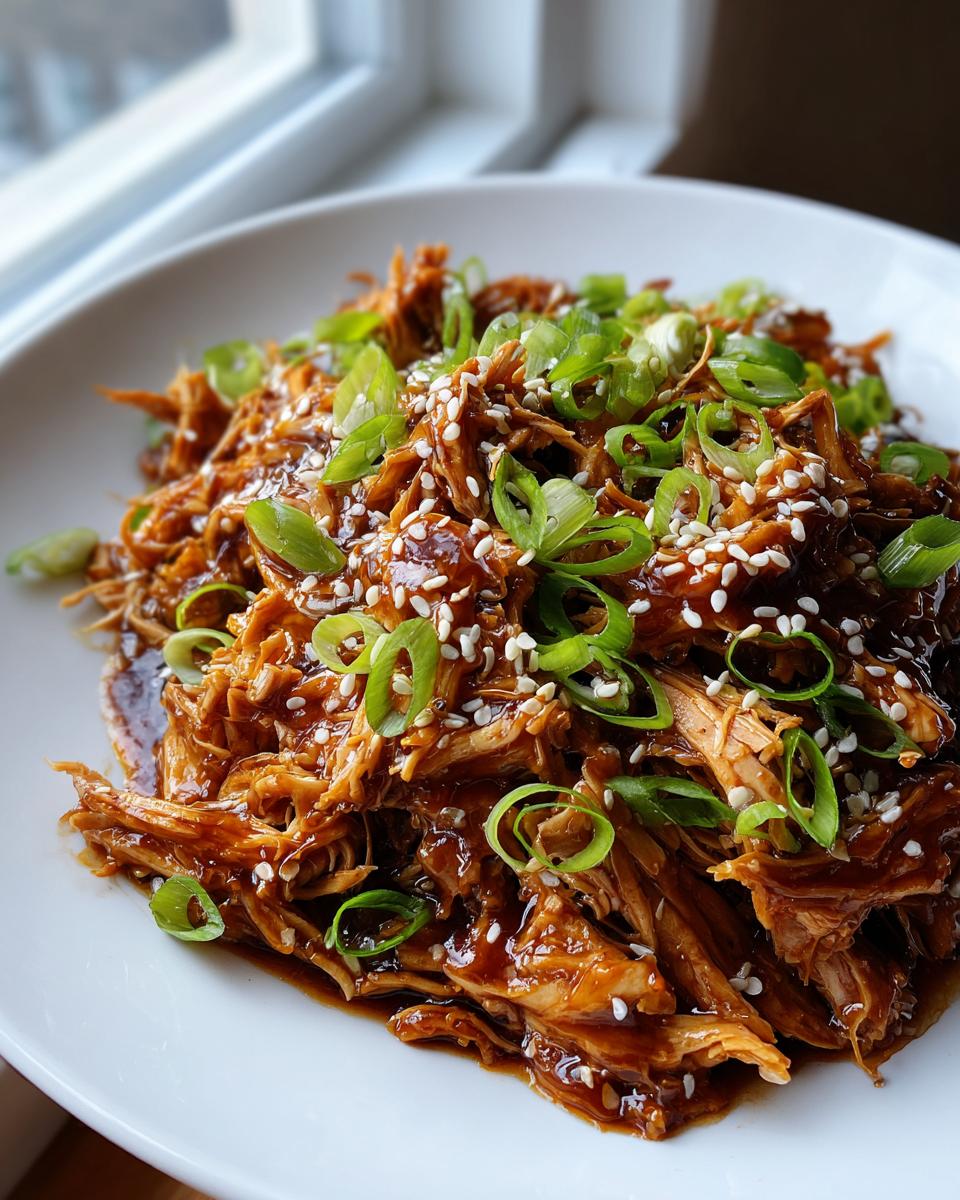 Close-up of shredded Slow Cooker Teriyaki Chicken coated in sauce, topped with green onions and sesame seeds.