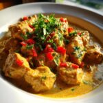 A close-up of tender pieces of Spicy Brazilian Coconut Chicken coated in a rich, yellow sauce and garnished with fresh cilantro and chopped red peppers.