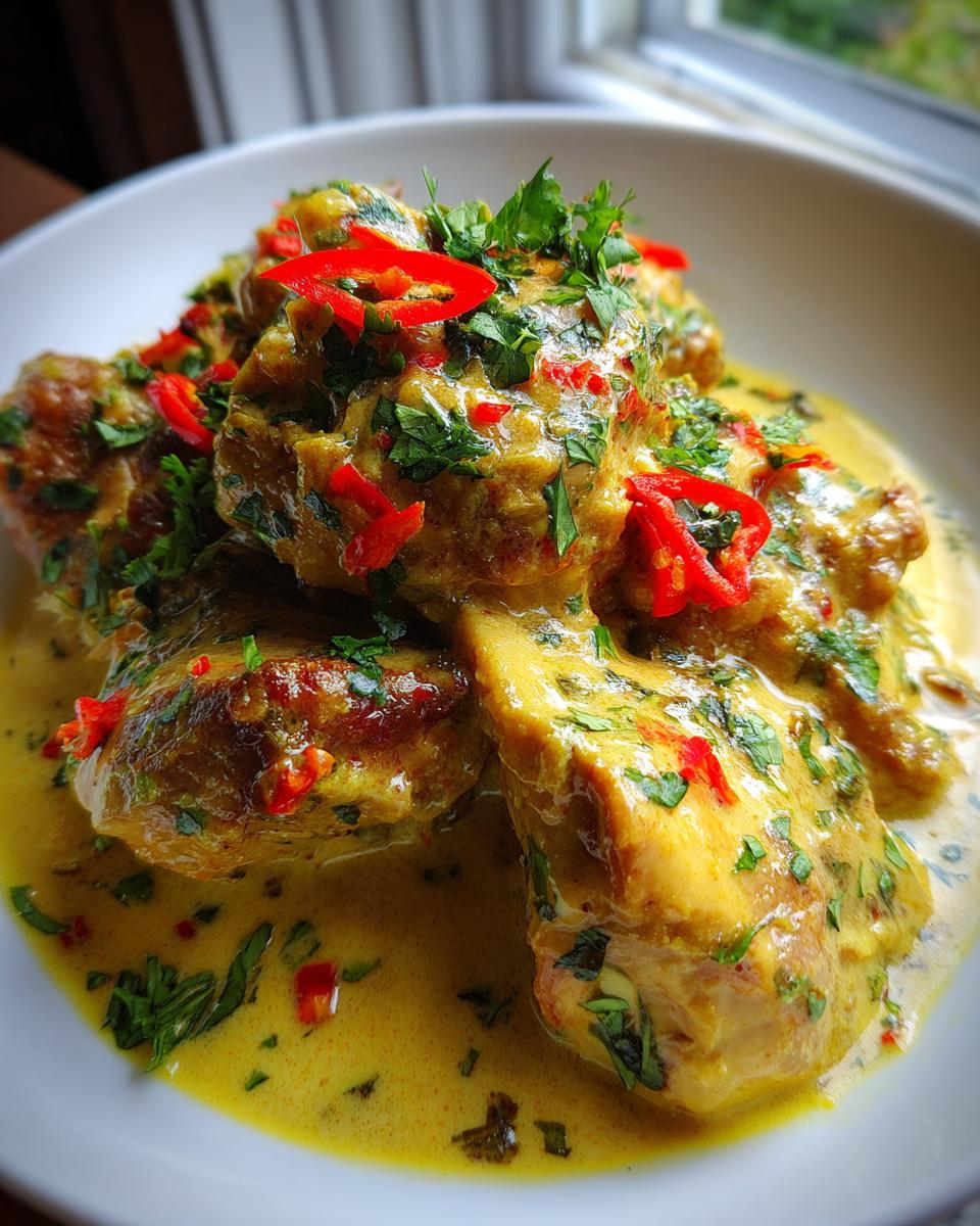 Close-up of pieces of Spicy Brazilian Coconut Chicken coated in a rich yellow sauce and garnished with fresh cilantro and sliced red chilies.