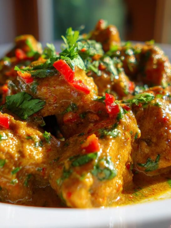 A close-up of rich, saucy Spicy Brazilian Coconut Chicken garnished with fresh cilantro and red chili pieces.