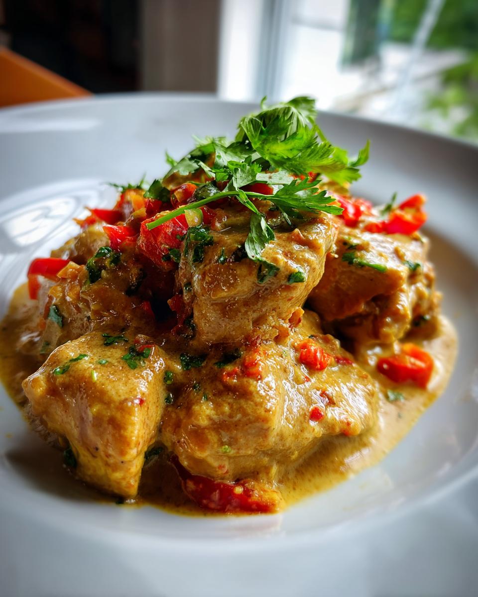 Close-up of tender chicken pieces coated in a rich, creamy sauce, garnished with red peppers and fresh cilantro for Spicy Brazilian Coconut Chicken.
