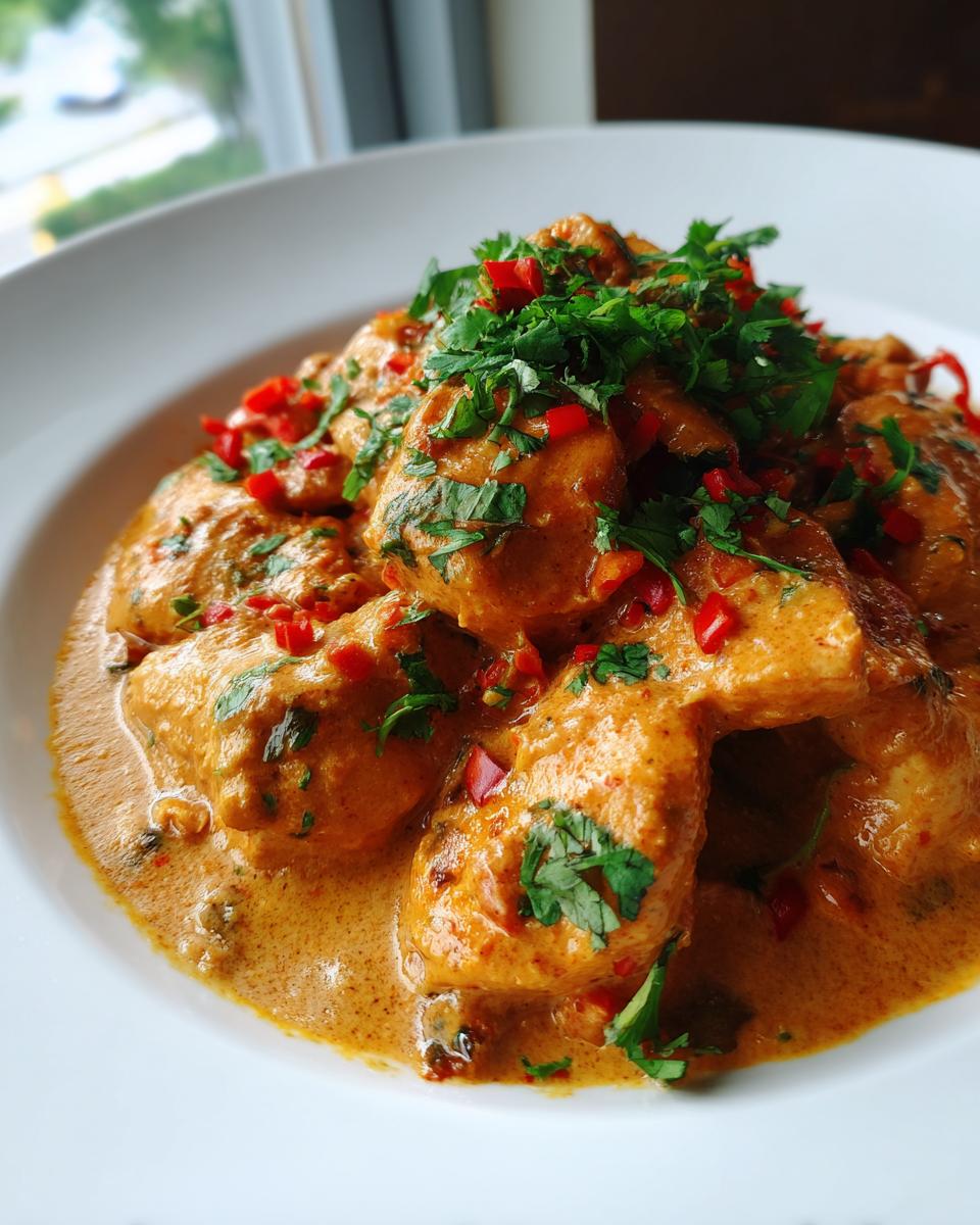 Close-up of Spicy Brazilian Coconut Chicken pieces coated in a rich, orange sauce and garnished with fresh cilantro and chopped red chilies.