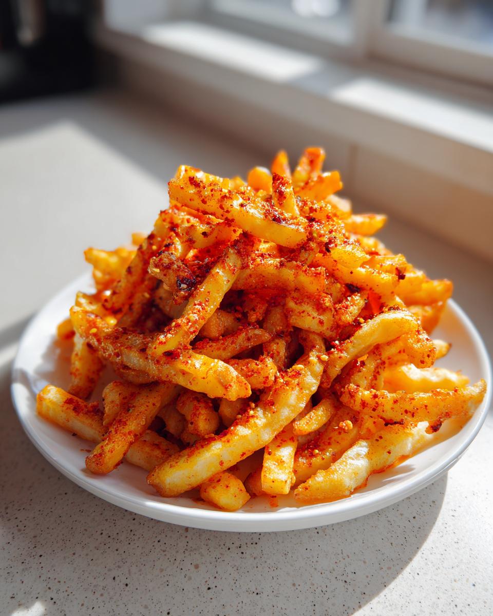 A mound of golden french fries heavily seasoned with red spices, known as Louisiana Voodoo Fries, served on a white plate.