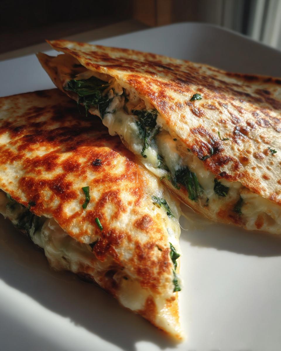 Close-up of a golden-brown Spinach And Feta Quesadillas slice showing melted cheese and green spinach filling.