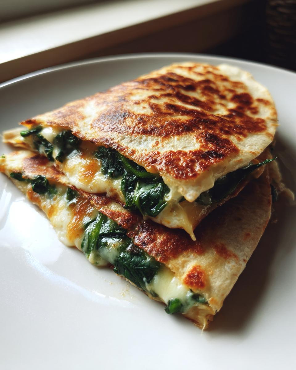 Close-up of two halves of a golden-brown Spinach And Feta Quesadillas stacked, showing melted cheese and vibrant green spinach.