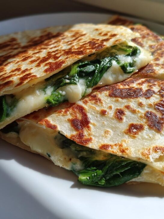 Close-up of golden-brown Spinach and Feta Quesadillas cut into triangles, revealing melted cheese and bright green spinach.