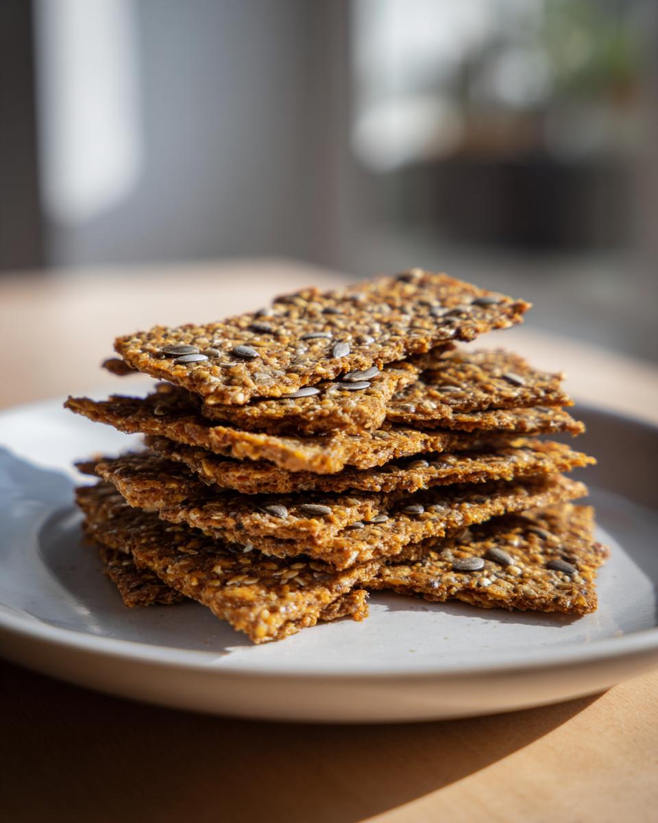 A tall stack of golden brown, crispy Chickpea Seed Crackers loaded with visible seeds, resting on a light plate.