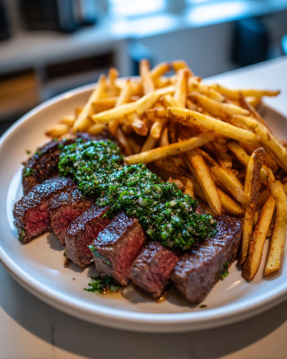 Close-up of perfectly cooked Steak Frites With Chimichurri, sliced steak topped with green sauce next to golden french fries.