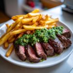 Close-up of sliced steak frites with chimichurri sauce generously spooned over the medium-rare meat.