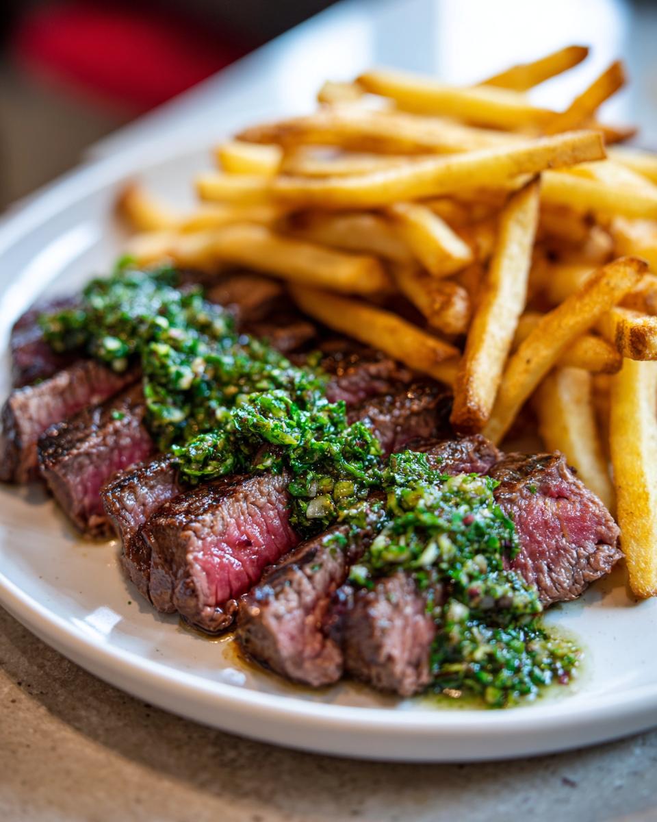 Close-up of sliced Steak Frites With Chimichurri, showing medium-rare steak topped with bright green sauce and a side of golden fries.