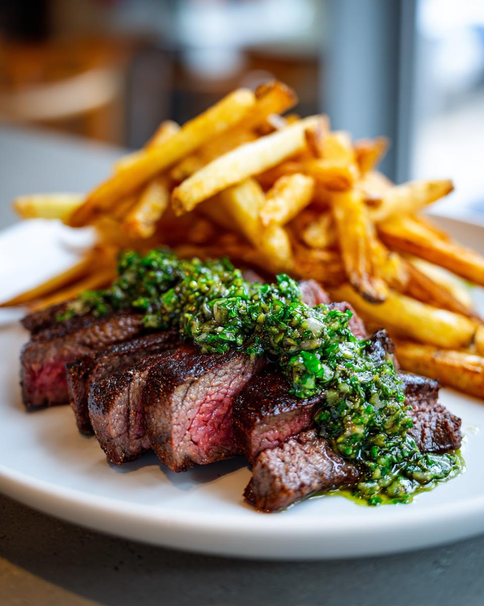 Sliced medium-rare steak topped with bright green chimichurri sauce, served alongside a pile of golden french fries.