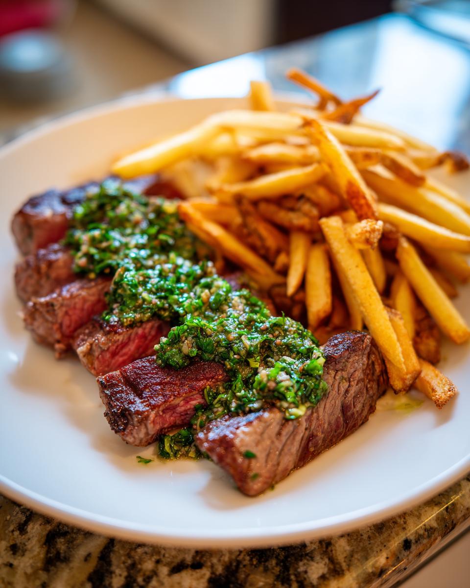 Close-up of sliced steak topped with vibrant green chimichurri sauce, served alongside golden french fries.