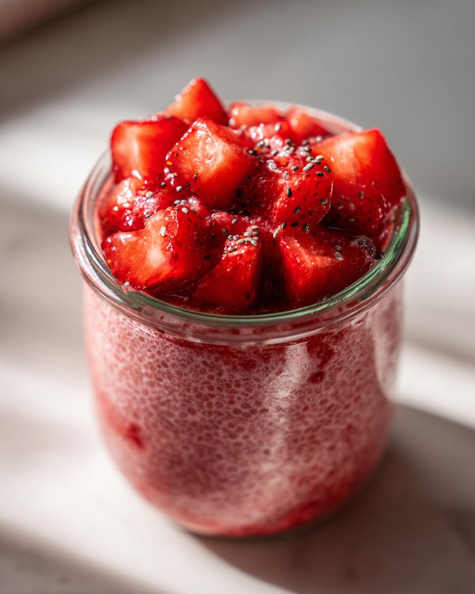 Close-up of vibrant pink Strawberry Chia Seed Pudding topped with fresh diced strawberries and chia seeds.