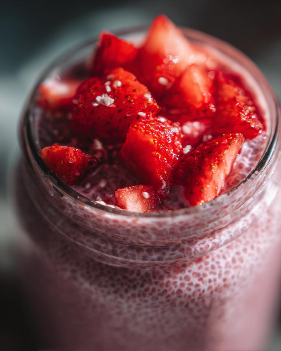 Close-up of vibrant pink Strawberry Chia Seed Pudding topped with fresh, diced strawberries and extra chia seeds.