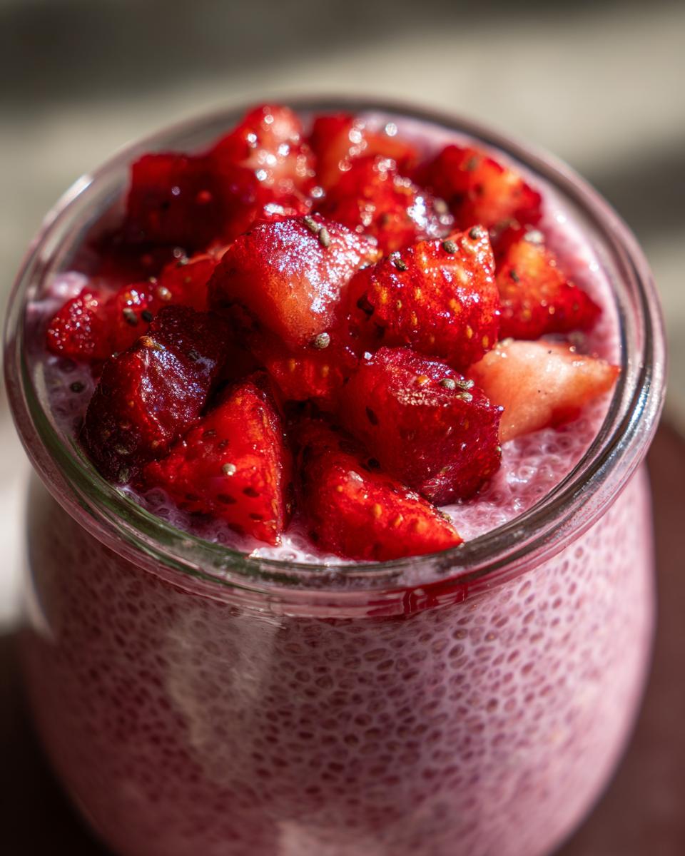 Close-up of pink Strawberry Chia Seed Pudding topped with fresh, chopped strawberries.