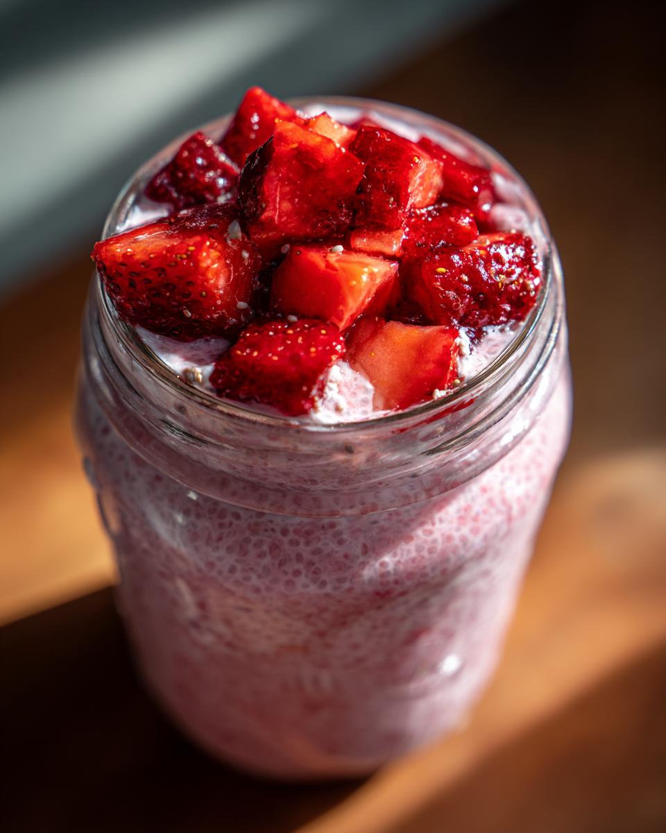 A close-up of pink Strawberry Chia Seed Pudding topped with fresh diced strawberries in a glass jar.