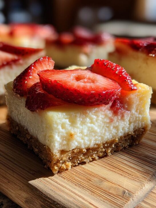A close-up, sunlit view of a square Strawberry Lemon Cheesecake Bar topped with sliced strawberries on a wooden board.
