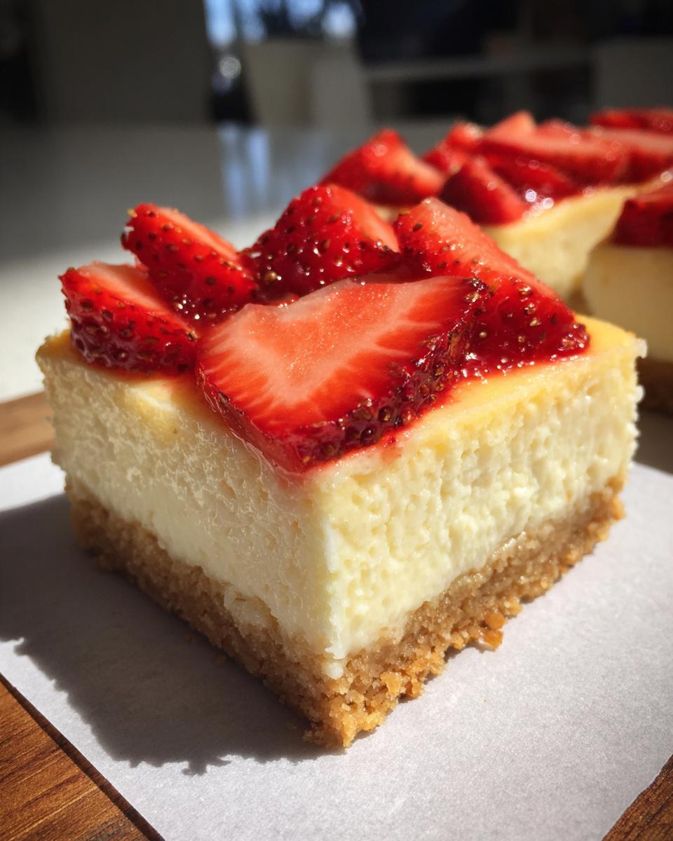 A close-up macro shot of one perfect slice of Strawberry Lemon Cheesecake Bars with a graham cracker crust.