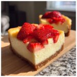 Close-up of a thick slice of Strawberry Lemon Cheesecake Bars topped with fresh, glistening strawberries.