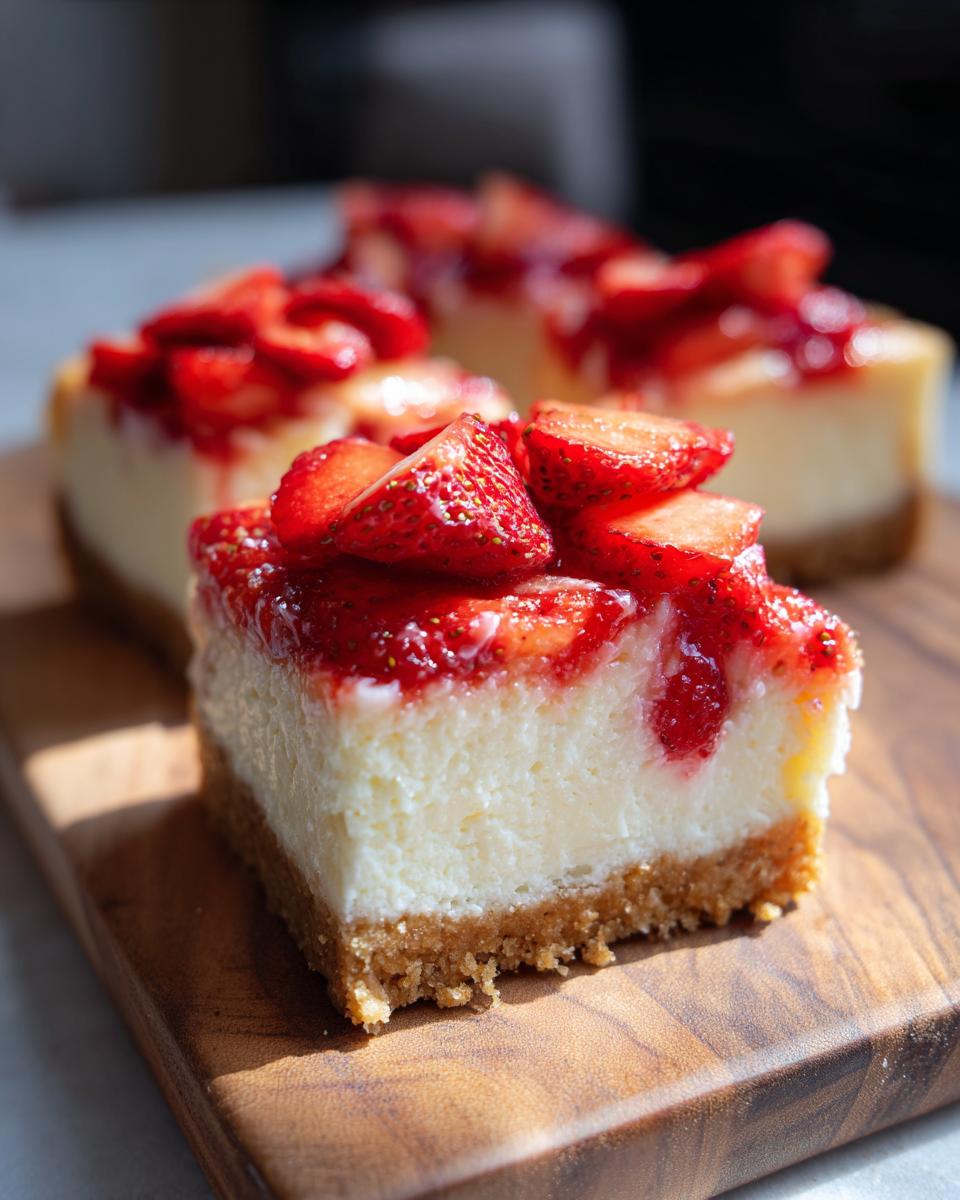 Close-up of a rich slice of Strawberry Lemon Cheesecake Bars with a thick graham cracker crust and fresh strawberry topping.