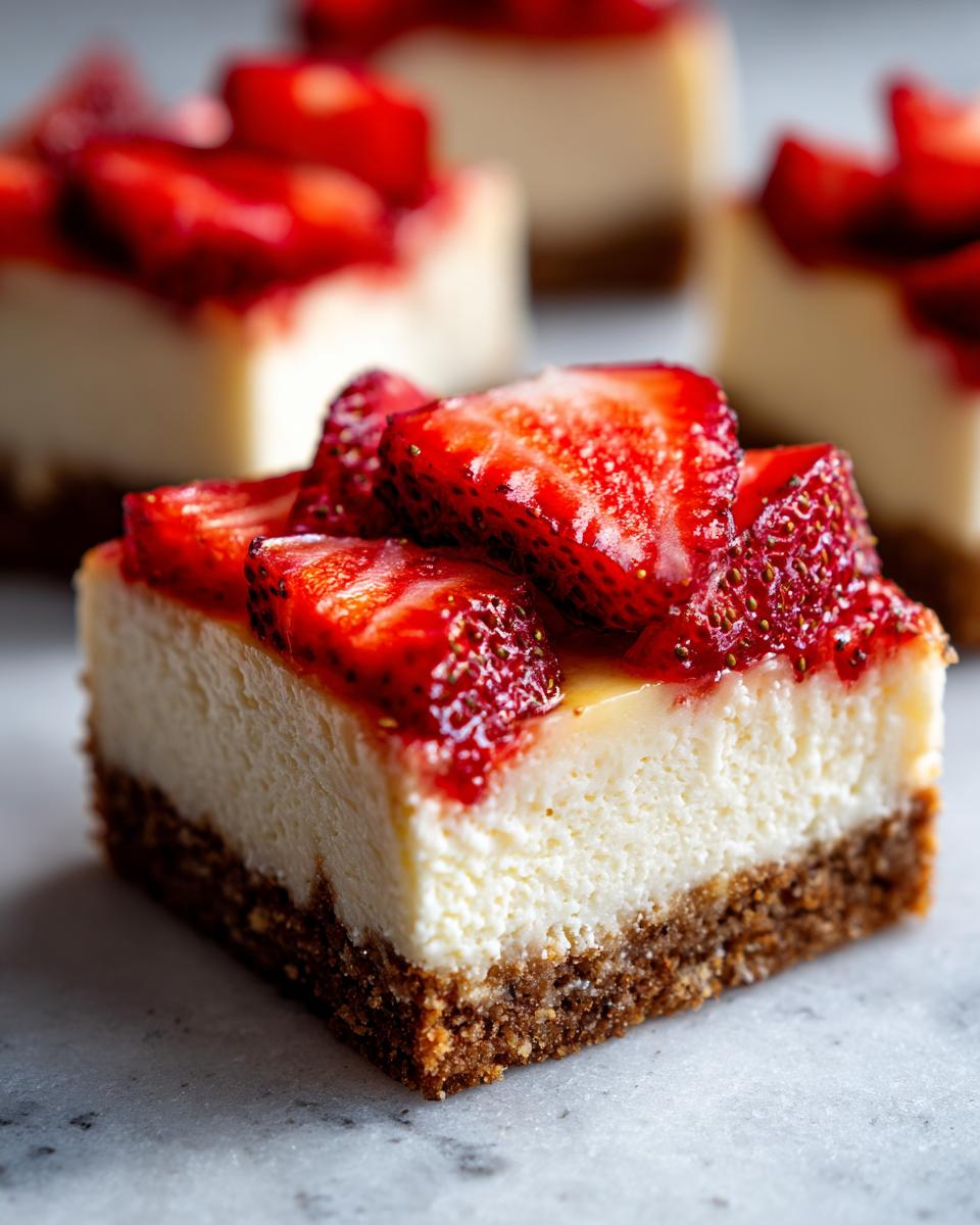 A close-up of a single, perfectly cut Strawberry Lemon Cheesecake Bars square showing the graham cracker crust and fresh strawberry topping.