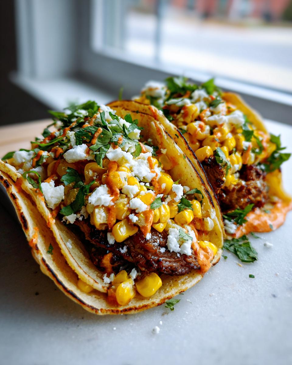 Two delicious Street Corn Smash Burger Tacos loaded with meat, grilled corn, cotija cheese, and cilantro.