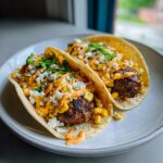 Two Street Corn Smash Burger Tacos filled with a smashed patty, corn salsa, cotija cheese, and orange sauce.
