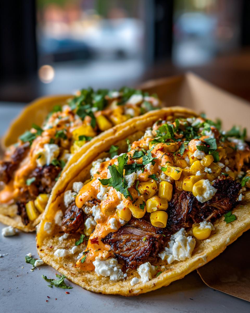 Two delicious Street Corn Smash Burger Tacos loaded with meat, corn, cotija cheese, sauce, and cilantro.