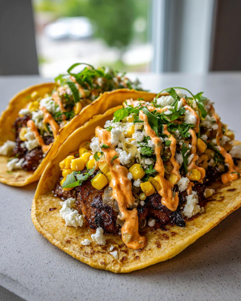 Close-up of two Street Corn Smash Burger Tacos topped with corn, cotija cheese, and spicy sauce.