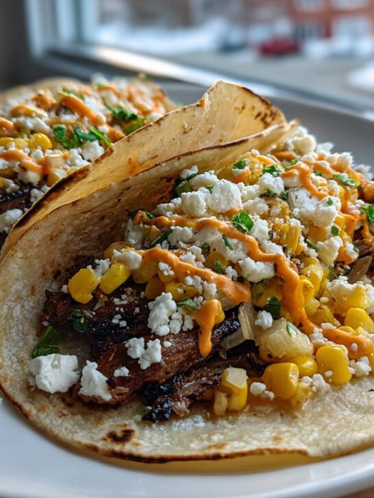 Close-up of two delicious Street Corn Smash Burger Tacos topped with corn, cotija cheese, and orange sauce.