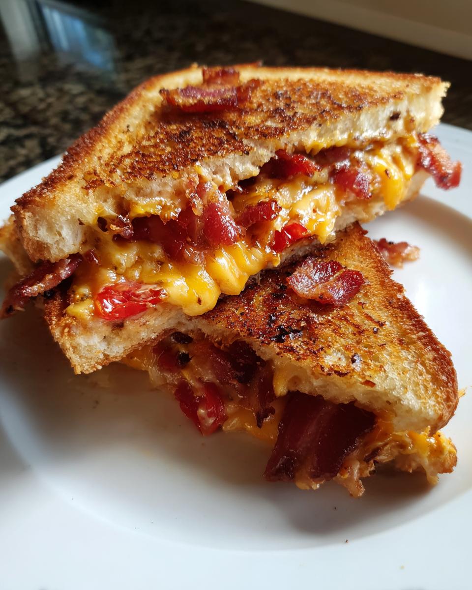 Two halves of a perfectly grilled Sun Dried Tomato Bacon Pesto Grilled Cheese showing melted cheese and crispy bacon.