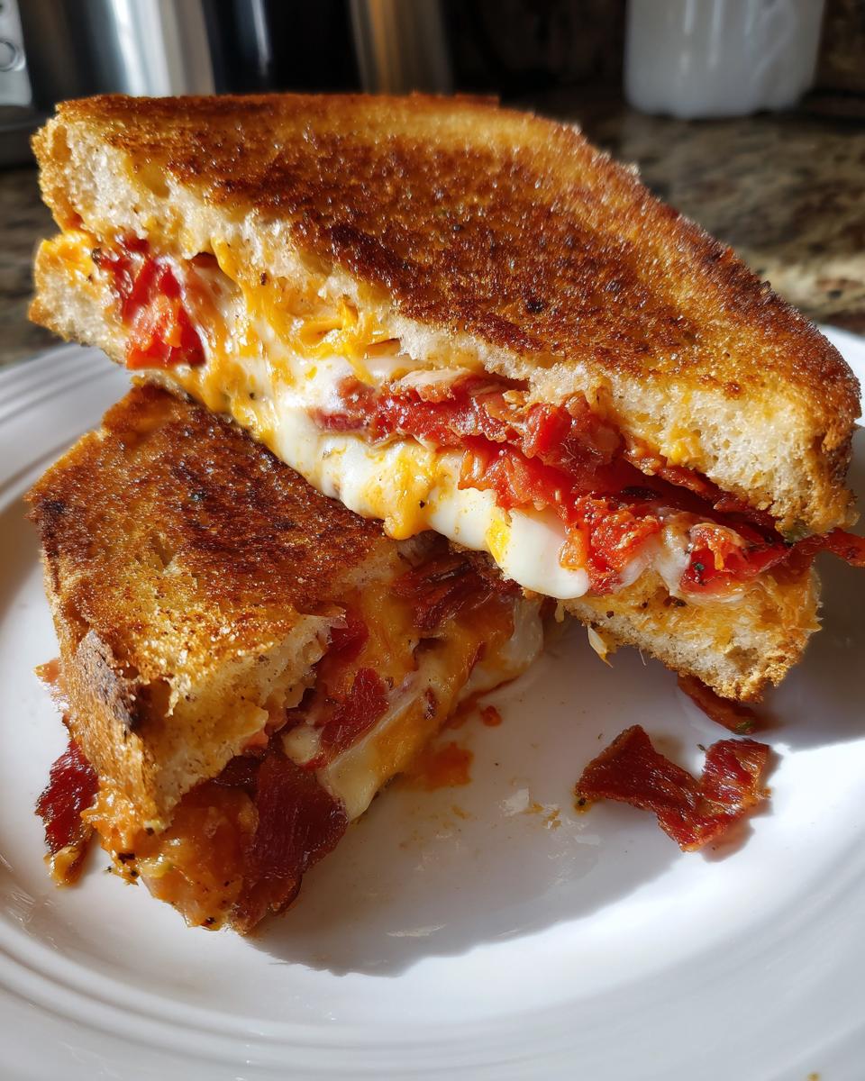 Two halves of a Sun Dried Tomato Bacon Pesto Grilled Cheese showing melted cheese and crispy bacon.