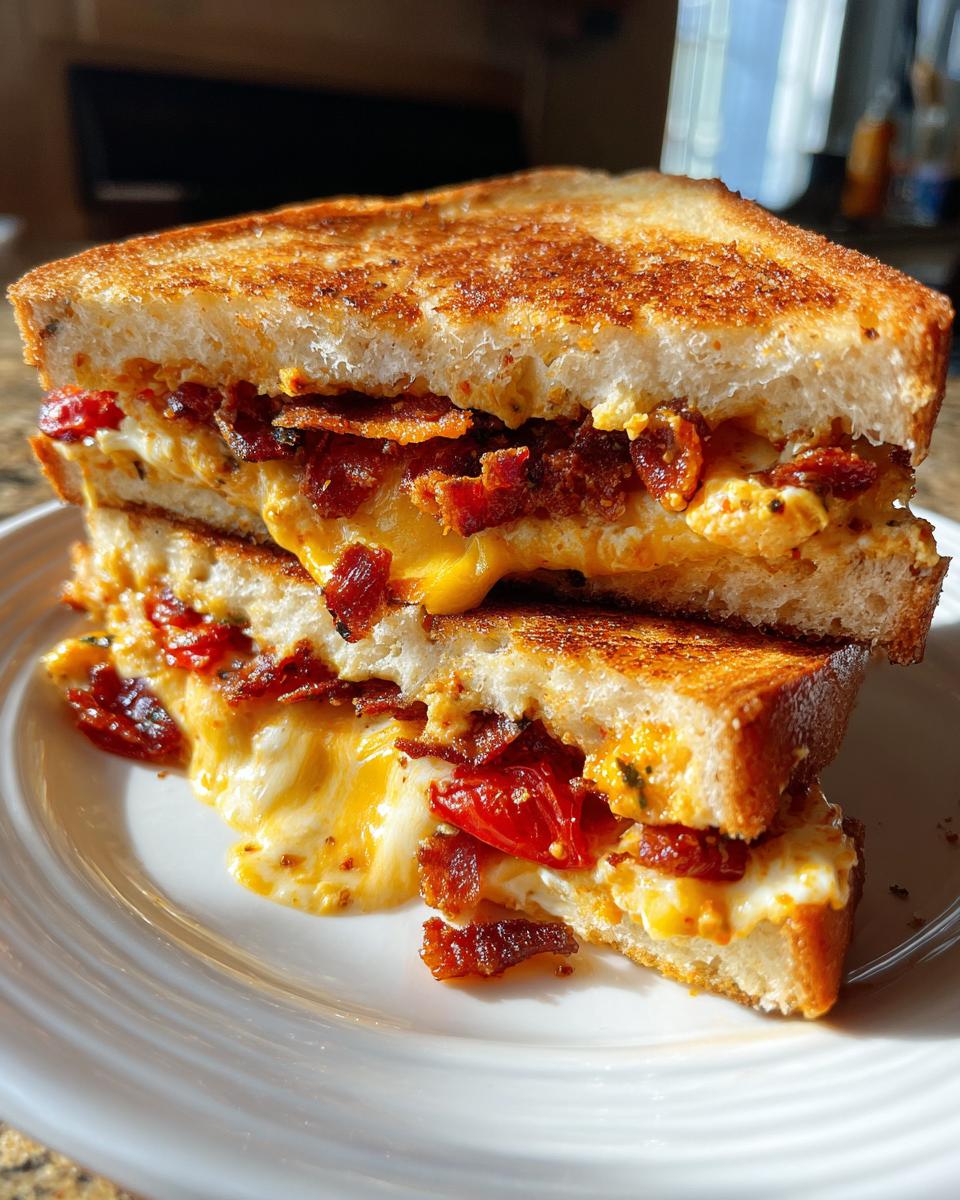 Two halves of a Sun Dried Tomato Bacon Pesto Grilled Cheese stacked on a white plate, showing melted cheese.