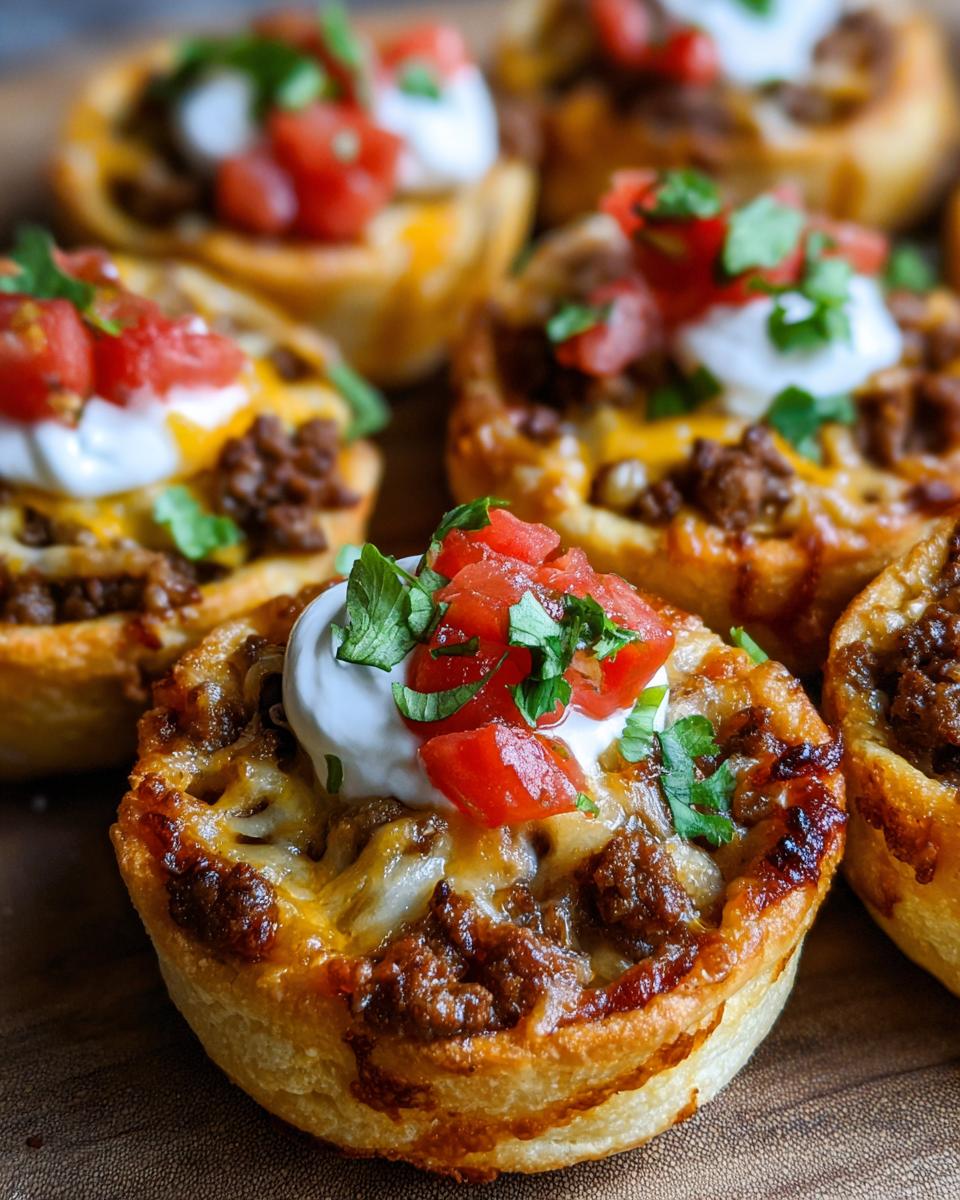 Close-up of baked Taco Pizza Appetizer Bites topped with melted cheese, sour cream, and diced tomatoes.