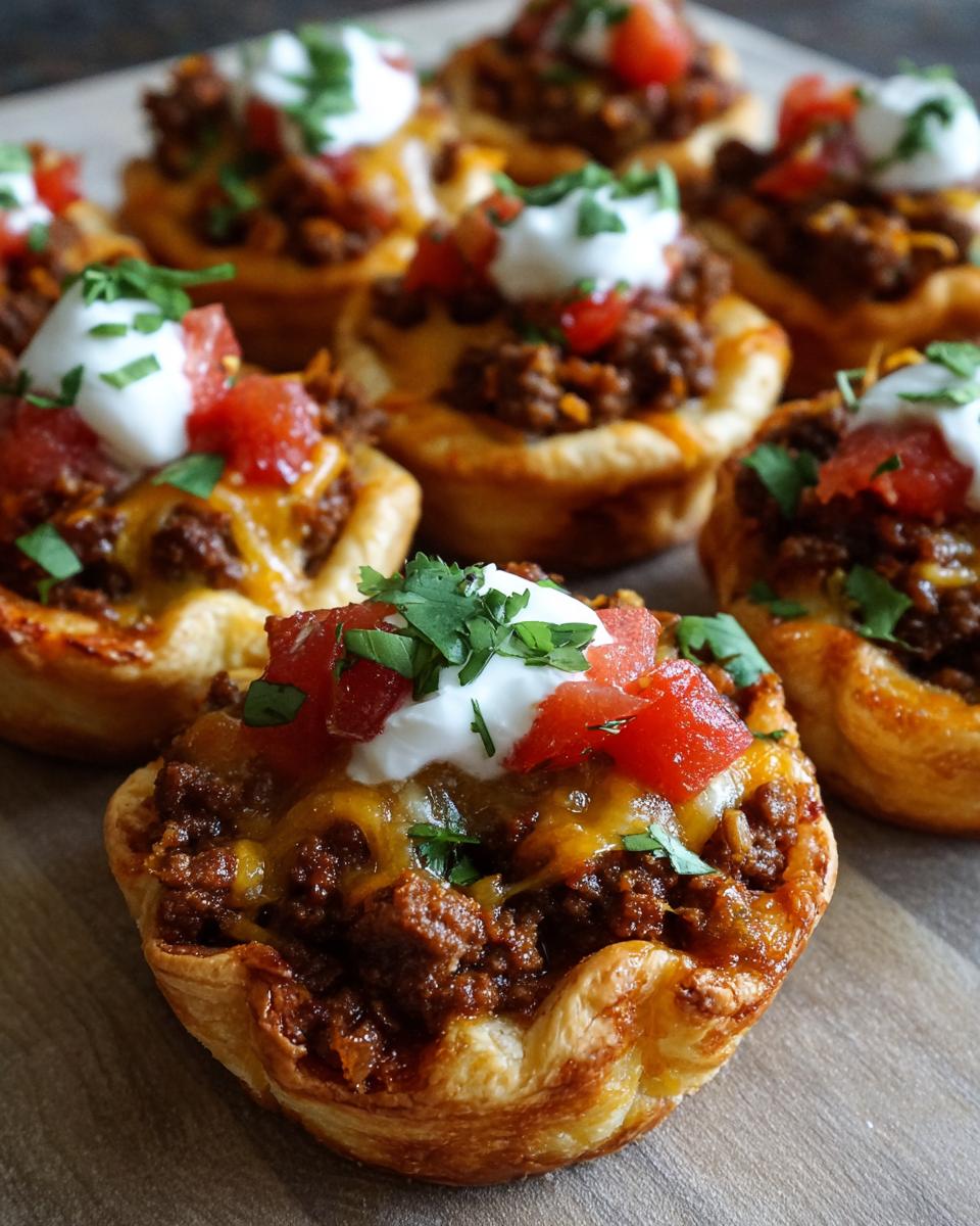 Close-up of several golden-brown Taco Pizza Appetizer Bites topped with seasoned ground beef, melted cheese, sour cream, diced tomato, and cilantro.