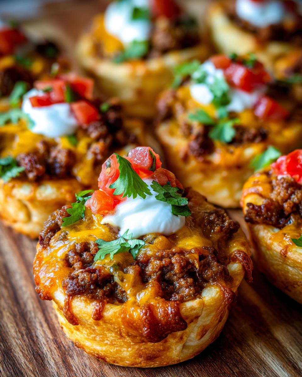 Close-up of baked Taco Pizza Appetizer bites topped with seasoned beef, melted cheese, sour cream, and diced tomatoes.