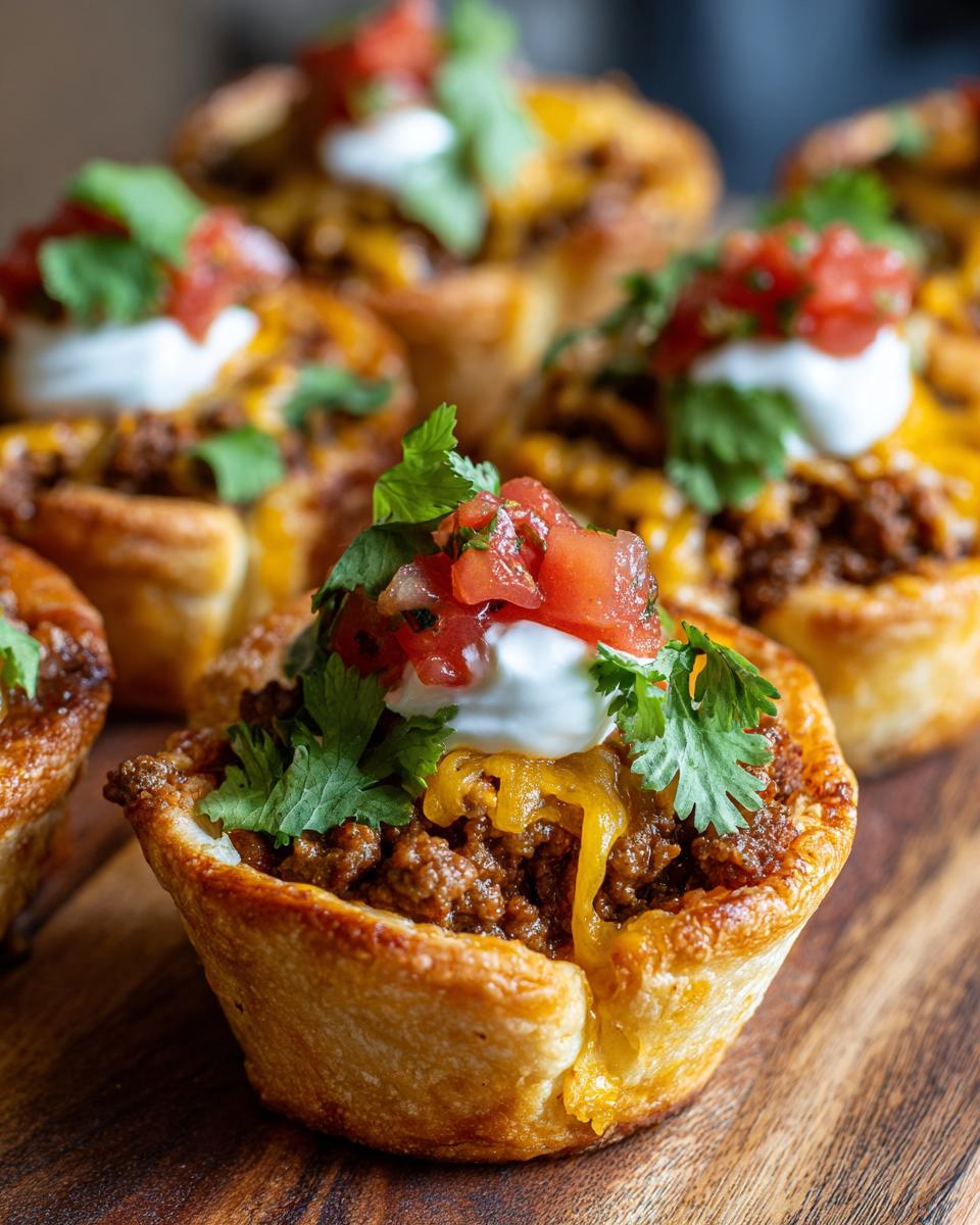 Close-up of a baked Taco Pizza Appetizer bite filled with seasoned ground beef, melted cheese, sour cream, salsa, and cilantro.
