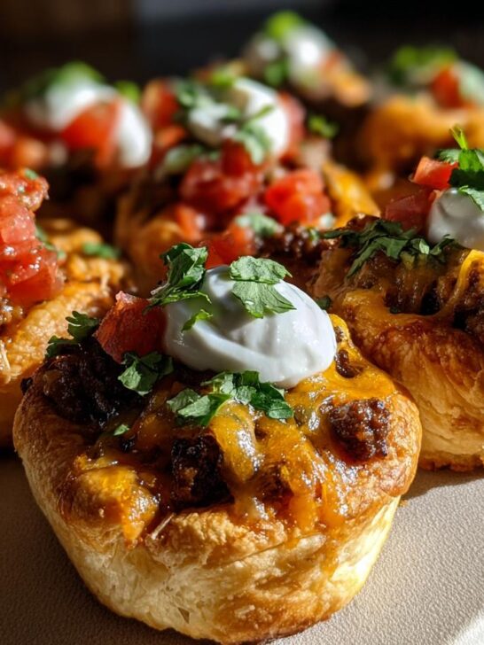 Close-up of baked Taco Pizza Appetizer Bites topped with seasoned beef, melted cheese, sour cream, diced tomatoes, and cilantro.