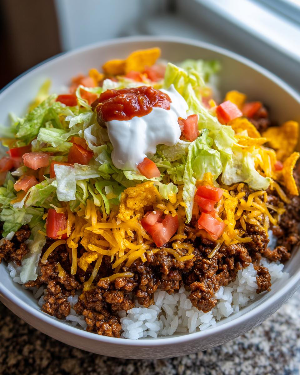 A close-up of a Taco Rice Bowl With Doritos, featuring seasoned ground beef over rice, topped with lettuce, cheese, salsa, and sour cream.