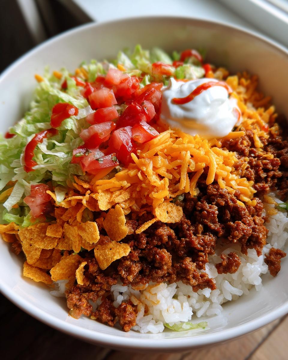 A close-up overhead view of a Taco Rice Bowl With Doritos, featuring seasoned ground beef, rice, lettuce, cheese, and sour cream.