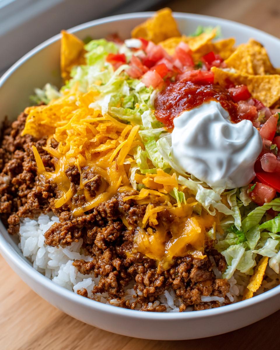 A close-up view of a Taco Rice Bowl With Doritos topped with seasoned beef, rice, lettuce, salsa, and sour cream.