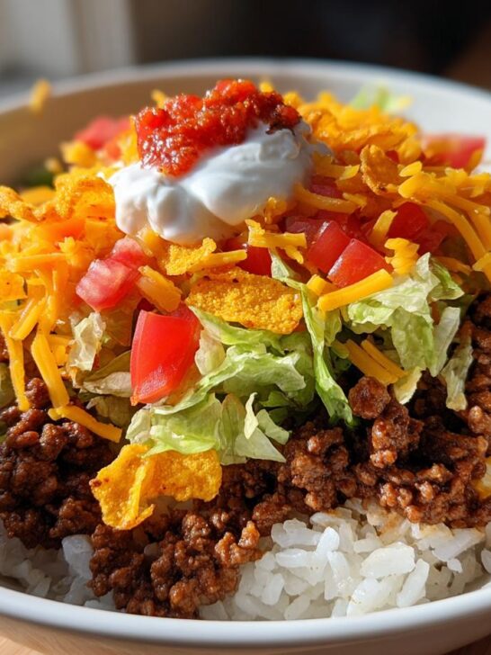A close-up of a fully loaded Taco Rice Bowl With Doritos, featuring rice, seasoned beef, lettuce, cheese, sour cream, and salsa.