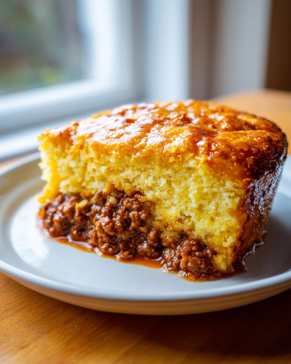 A thick slice of Texas Tamale Pie showing a golden cornbread top layer over a rich, saucy chili filling.