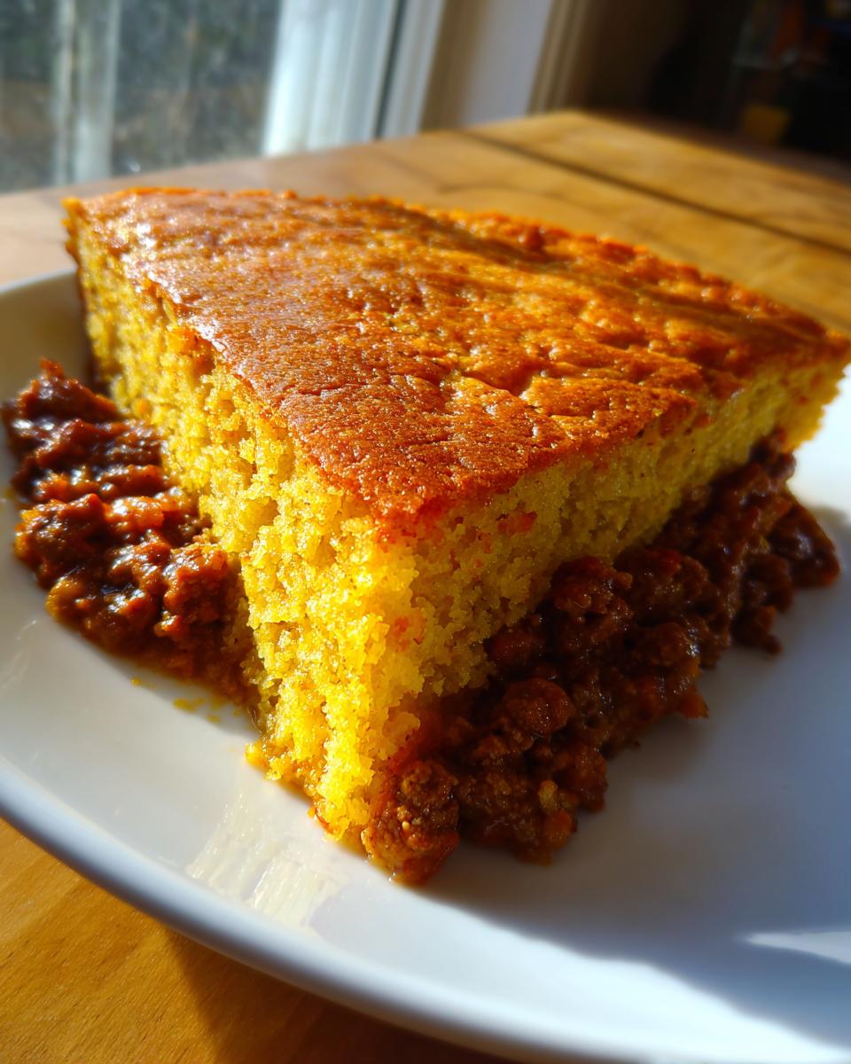 A thick slice of golden cornbread topping from Texas Tamale Pie resting on a bed of rich, savory chili.