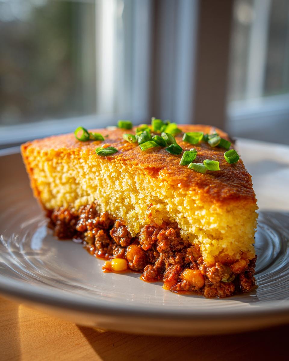 A thick slice of Texas Tamale Pie showing a savory meat filling topped with golden cornbread and fresh green onions.