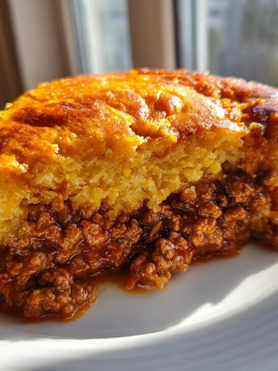 A close-up of a thick slice of Texas Tamale Pie showing a rich, savory meat filling topped with golden cornbread.