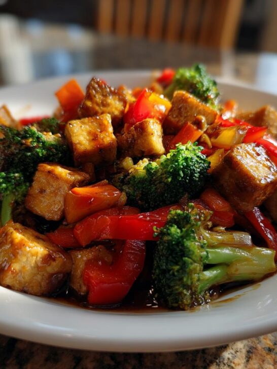 Close-up of a white bowl filled with Tofu Stir Fry With Vegetables, featuring glazed tofu cubes, bright red peppers, and green broccoli florets.