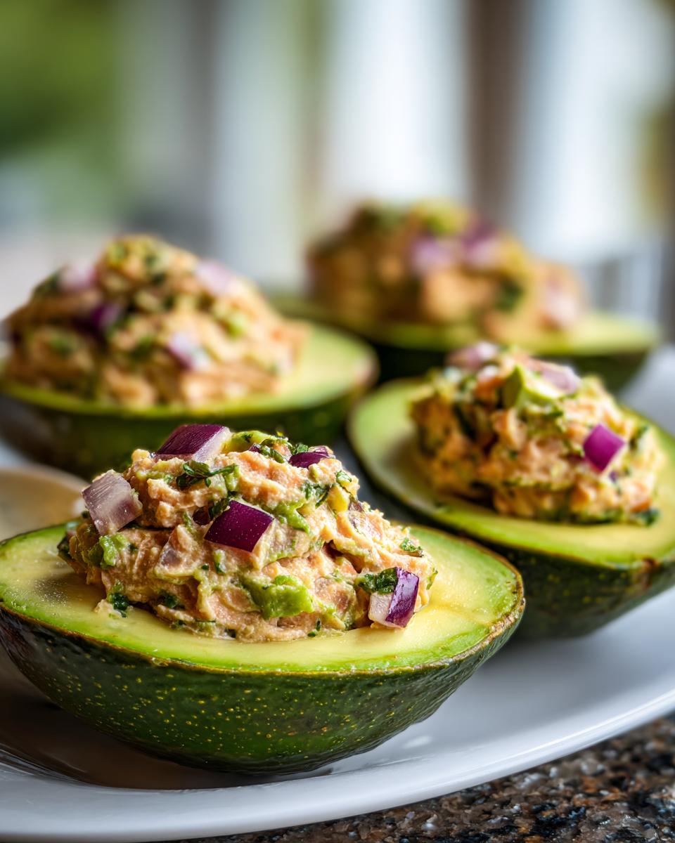 Close-up of a fresh Tuna Avocado Boats half filled with creamy tuna salad mixture and topped with diced red onion.